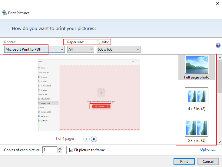 Set Microsoft Print to PDF as the Printer and adjust other settings