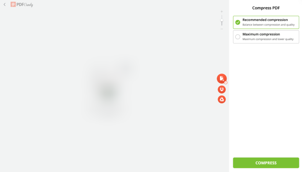 Select the Recommended compression or Maximum compression option in PDF Candy