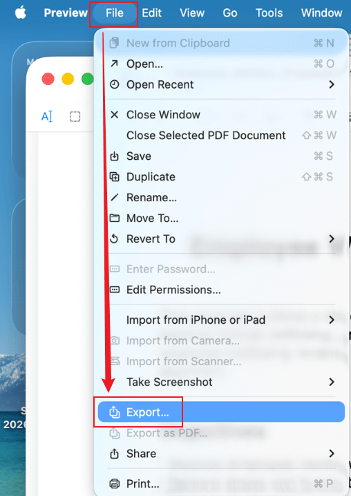 Click the File tab and select the Export option in Preview