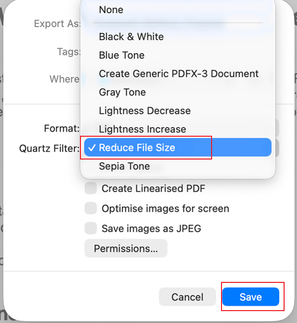 Select the Reduce File Size option from the Quartz Filter list in Preview