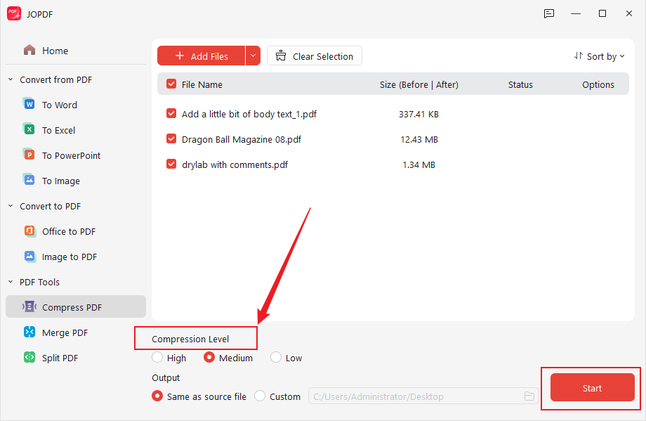 Select the desired compression level in JOPDF