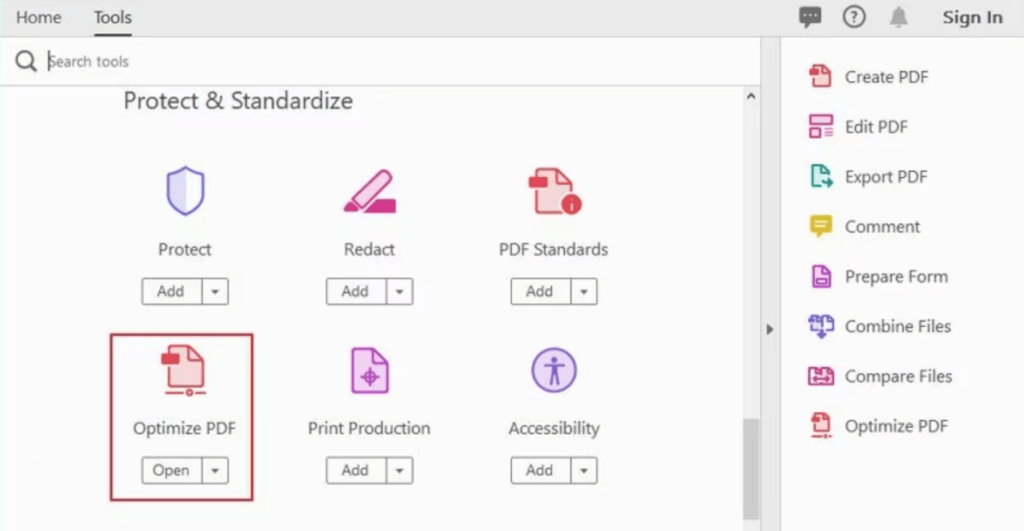 Click the Optimize PDF option in Adobe Acrobat