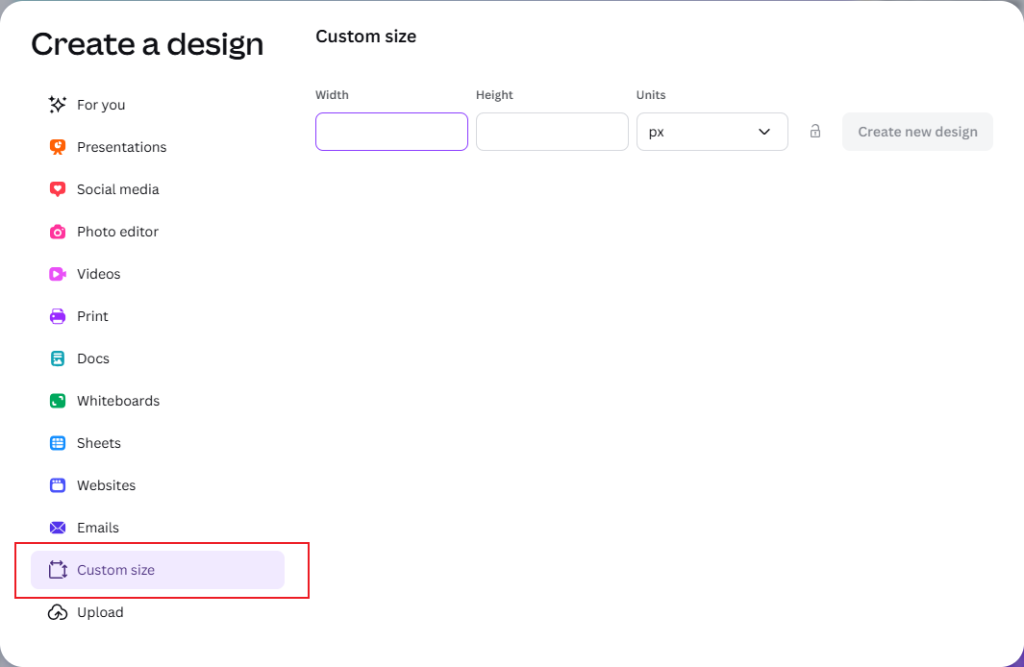 Click Create and select the Custom size option in Canva to set the poster size