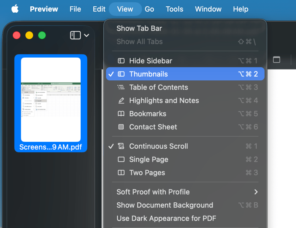 Click View and select the Thumbnail option in Preview