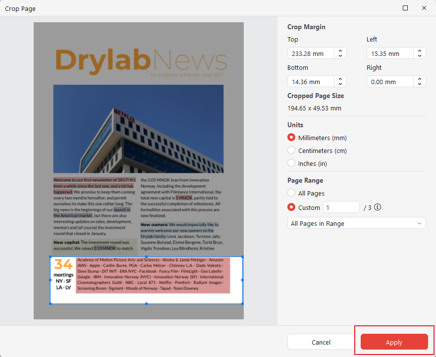 Choose the area you want to remain and print in JOPDF