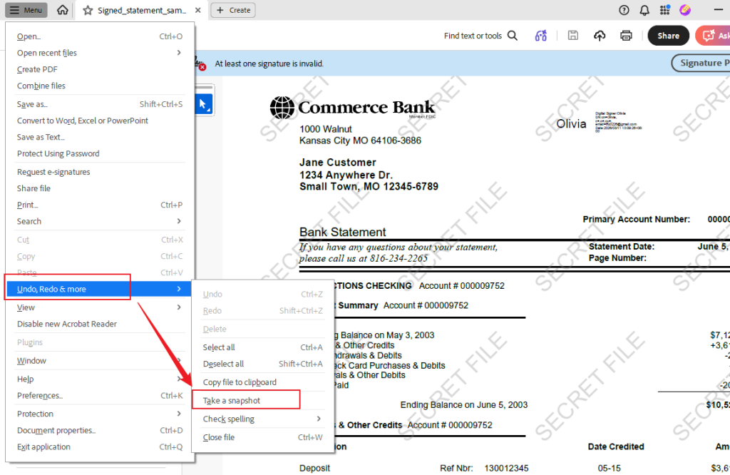Move to Undo, Redo & more to choose the Take a screenshot option in Adobe Acrobat