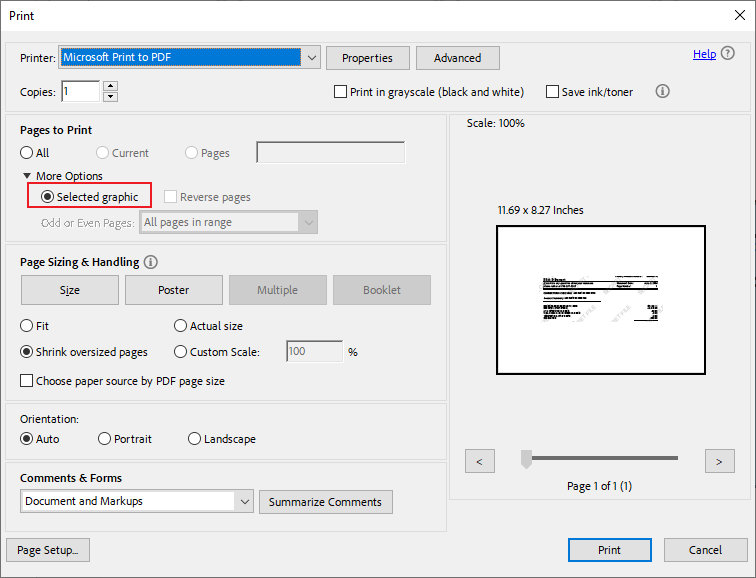 Select the Selected graphic option in the Print dialog of Adobe Acrobat