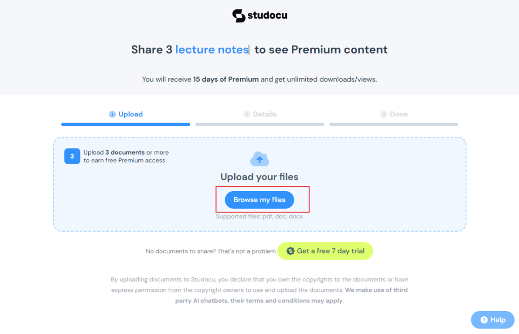 Click the Browse my file button in Studocu to upload your own materials to earn download credits