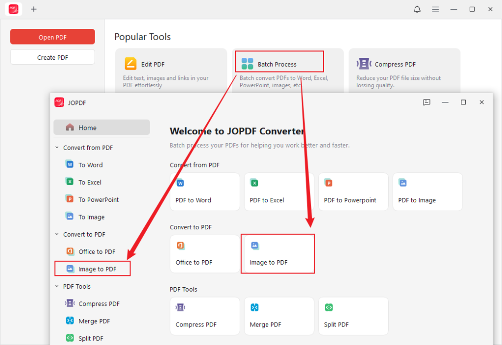 Click Batch Process and select the Image to PDF option in JOPDF