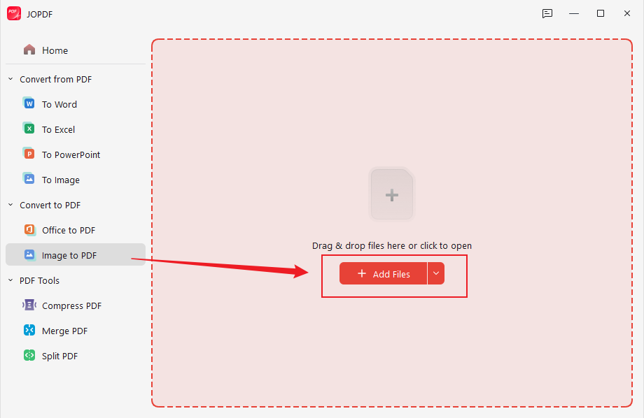Click Add Files to import your Studocu screenshots into JOPDF