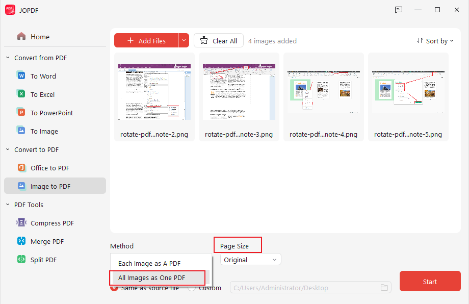 Select the All Images as One PDF to convert Studocu screenshots into one PDF in JOPDF