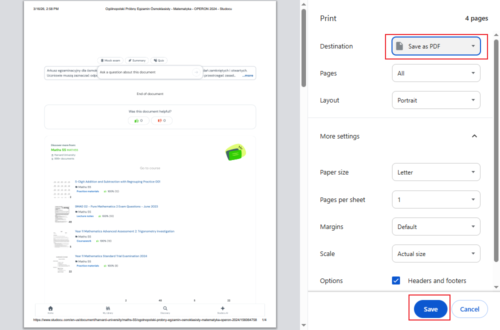 Select Save as PDF and click Save in the browser’s Print window