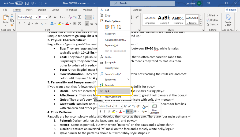 Microsoft Word Select Link