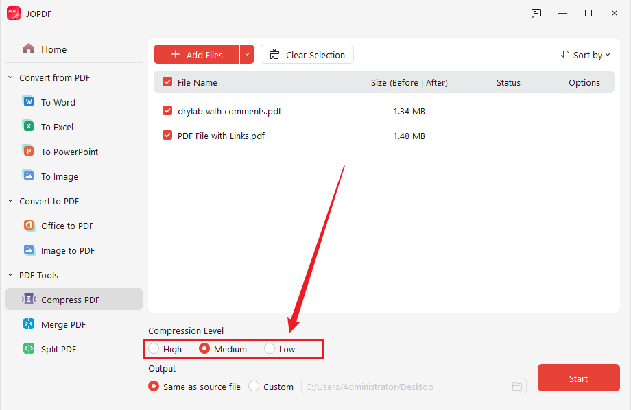 Select the needed compression level in JOPDF