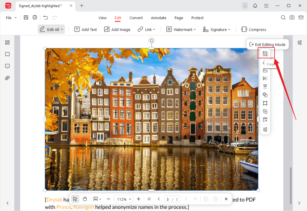 Click the image and select the crop option to crop the image within the PDF using JOPDF