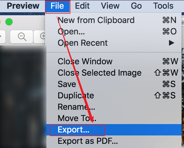 Click File and select the Export option in Preview