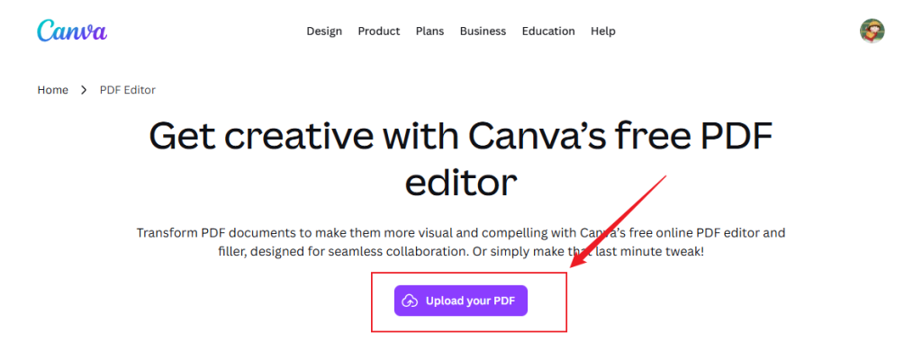 Click the Upload your PDF button in Canva