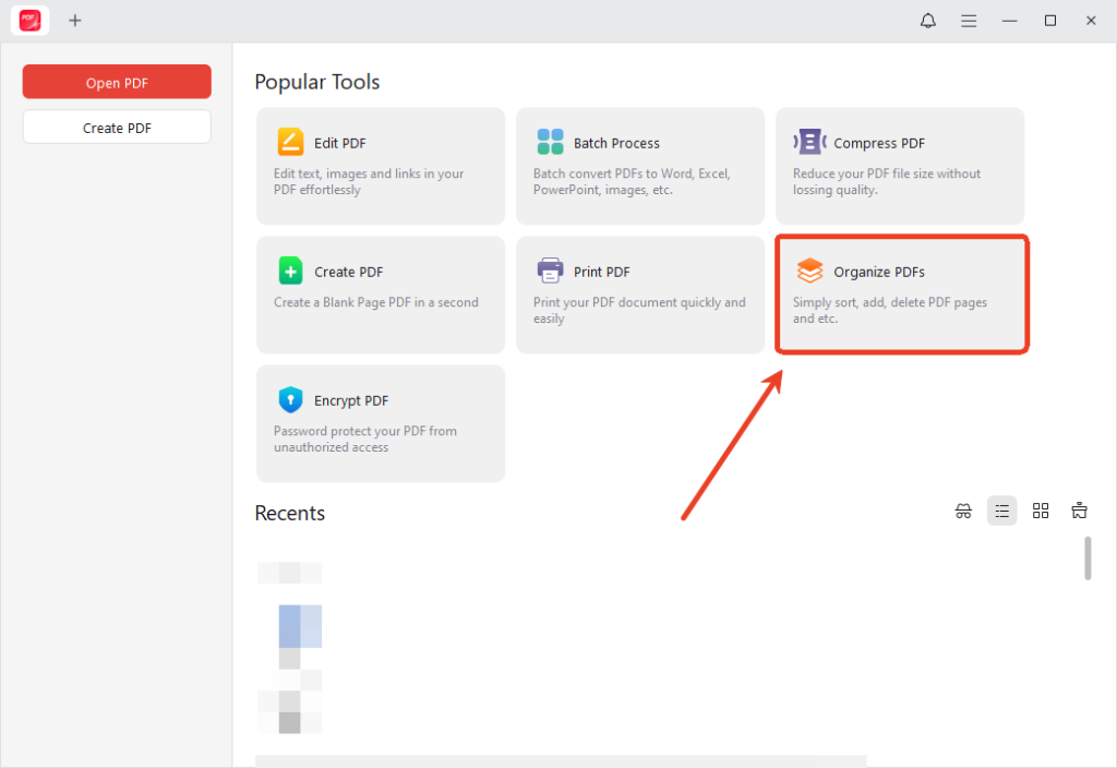 Click Organize PDFs to import the target PDF to JOPDF for removing PDF pages