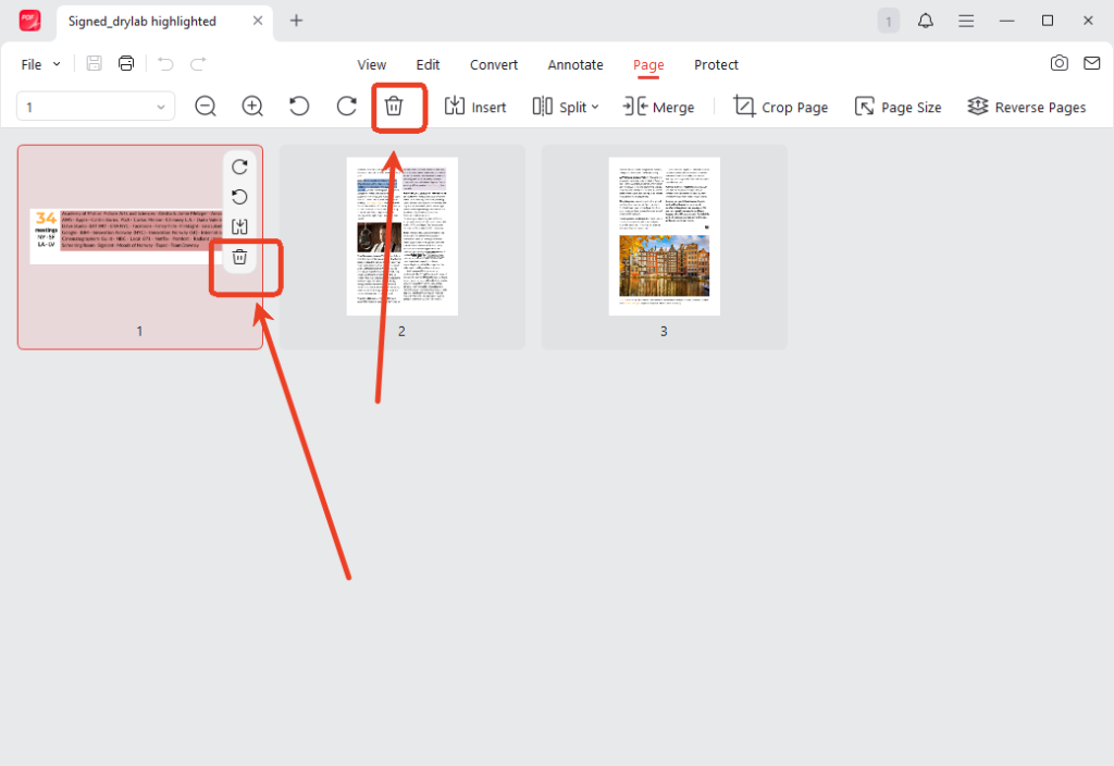 Hover over the target PDF page and click the Delete icon to remove the PDF page in JOPDF