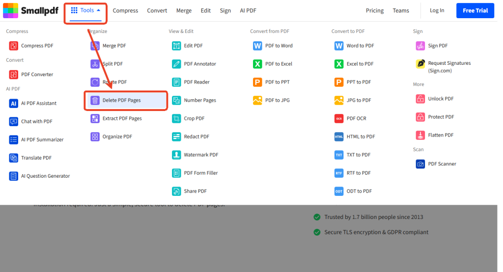 Click Tools and select Delete PDF Pages in Smallpdf