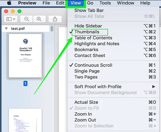 Click View and select Thumbnails in Preview