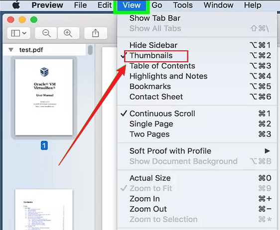 Click View and select Thumbnails in Preview