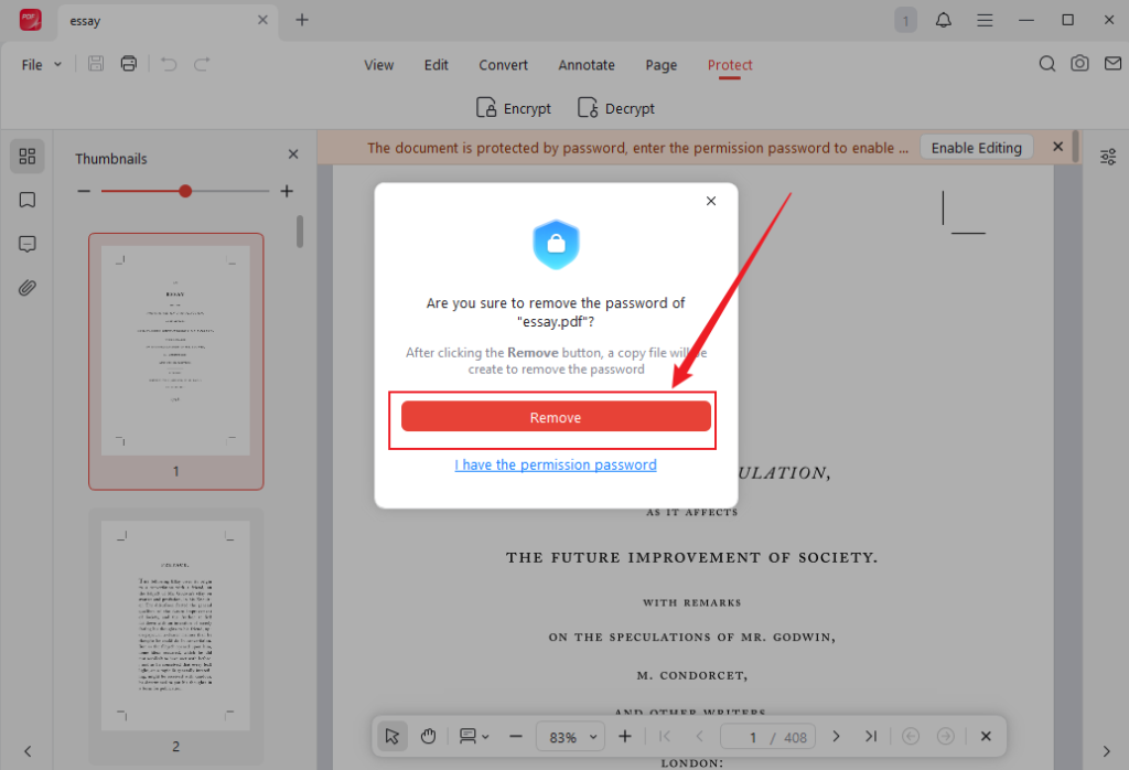 Remove permission password from a PDF on JOPDF