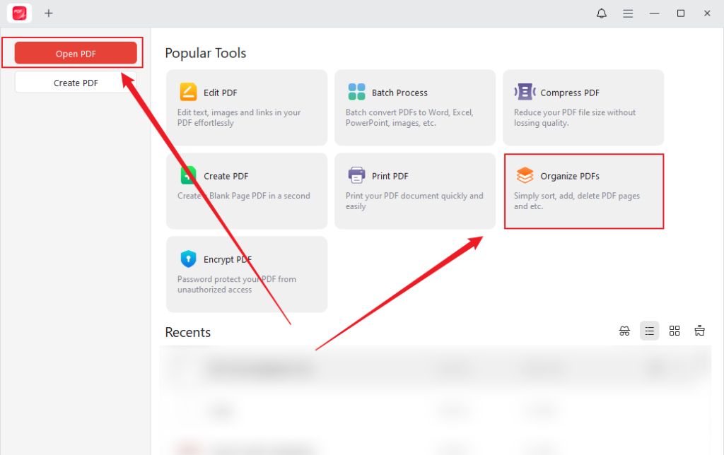 Click Open PDF or Organize PDFs to upload your PDF in JOPDF