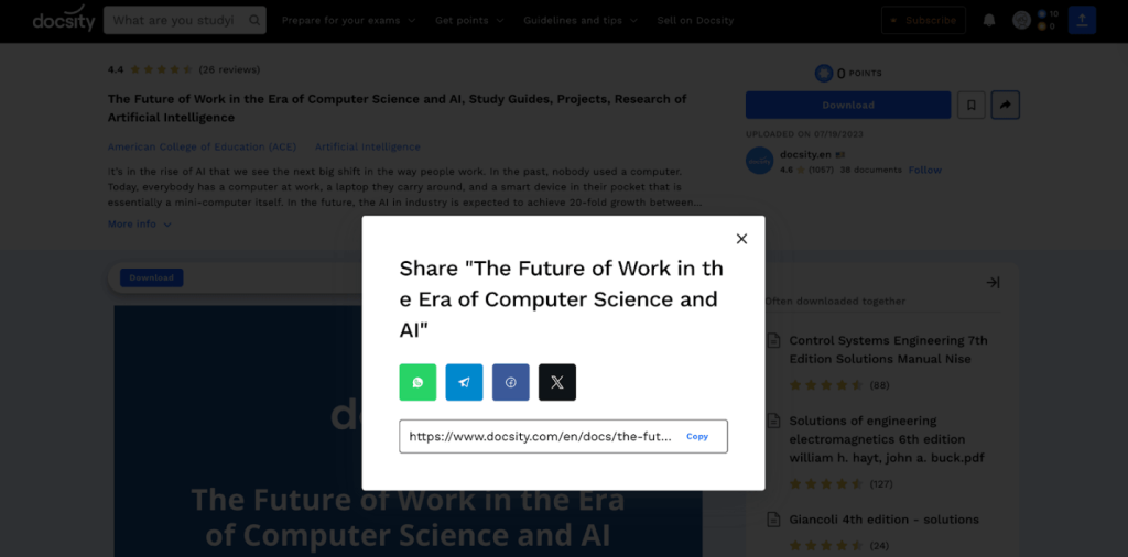 Click the Share Document icon and click the Copy option to get the link of the Docsity file