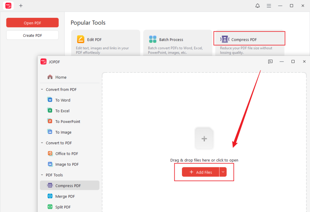 Click Compress PDF and click Add Files to import your PDF into JOPDF