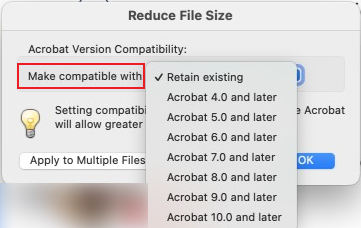 Select the needed compatibility option in the Reduce File Size dialog of Adobe Acrobat Pro