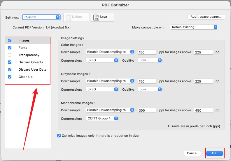 Customize the compression settings in the PDF Optimizer window of Adobe Acrobat Pro