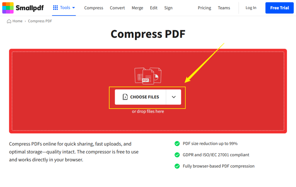 Click CHOOSE FILES to upload a large PDF file into Smallpdf