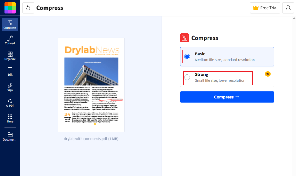 Select the Basic option to compress the uploaded PDF in Smallpdf