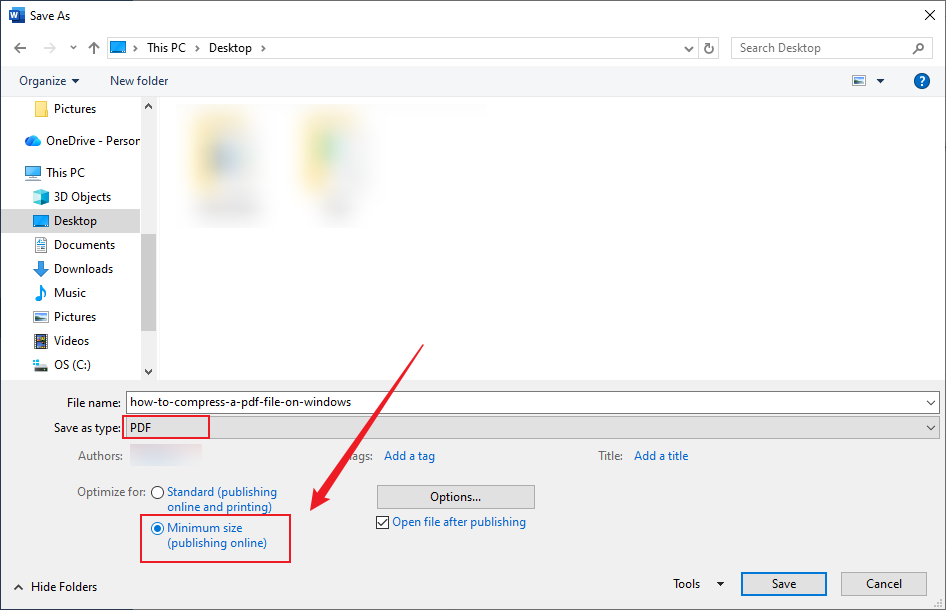 Select the Minimum size option in the Save As window of Microsoft Word