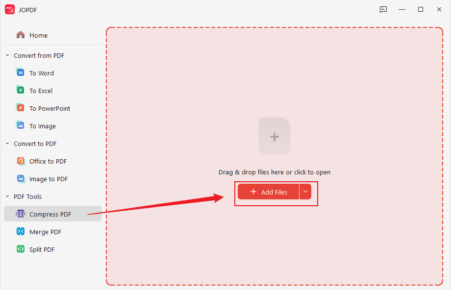 Click Add Files to import the PDF you want to compress in JOPDF