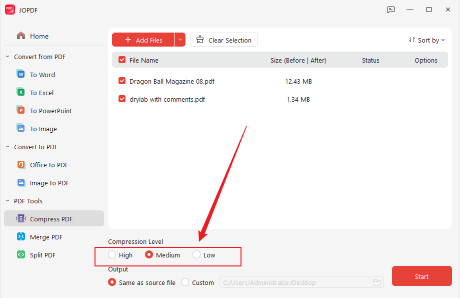 Select the needed compression level in JOPDF and click Start