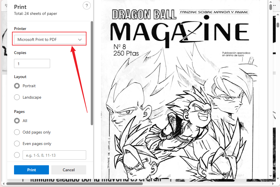 Select the Microsoft Print to PDF option as the printer