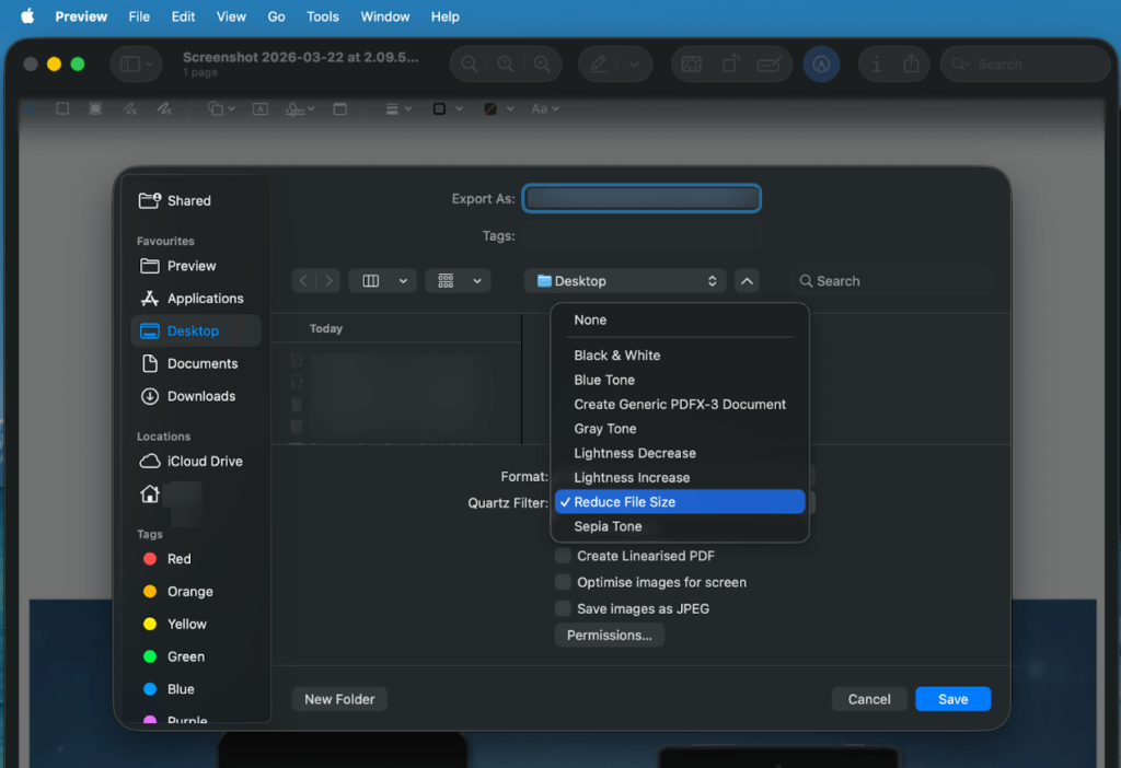 Open the Quartz Filter list and select the Reduce File Size option in Preview