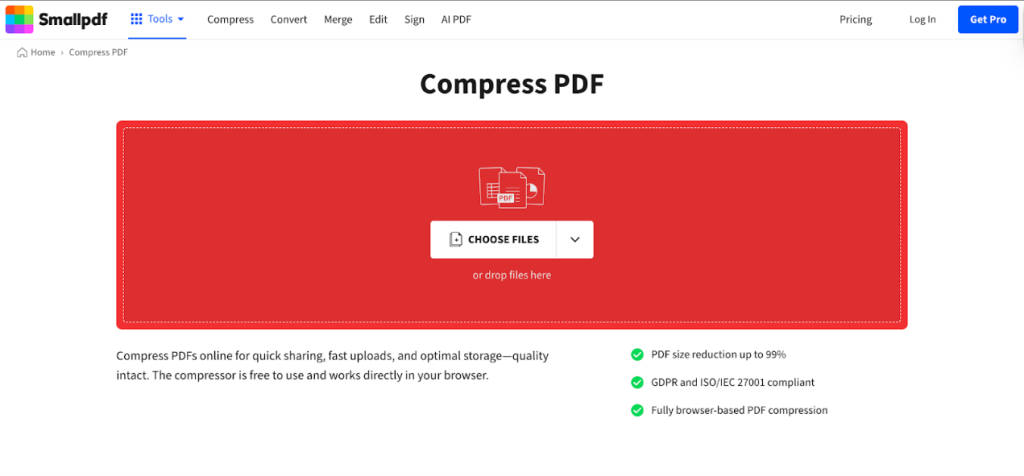 Click CHOOSE FILES to upload your large PDF to Smallpdf