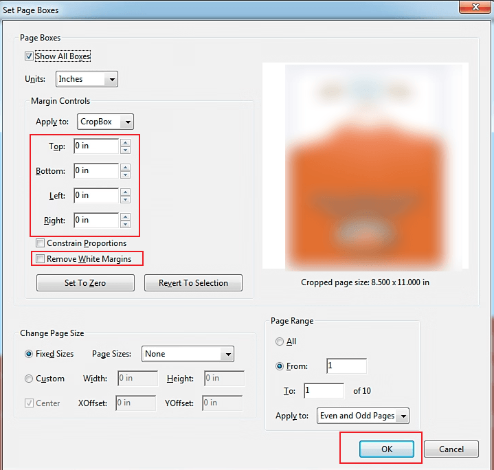 Crop the PDF page in the Set Page Boxes window of Adobe Acrobat Pro