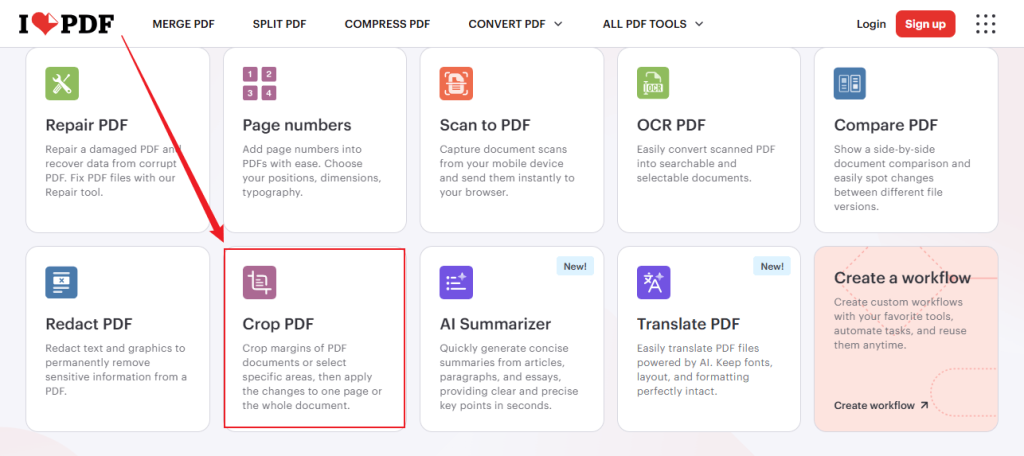 Select the Crop PDF option in iLovePDF