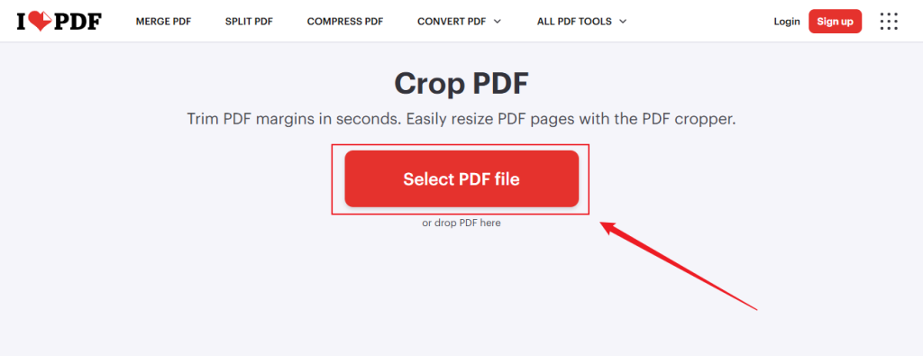 Click the Select PDF file button to upload your PDF into iLovePDF for cropping