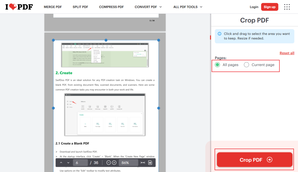 Choose to crop the current PDF page or all PDF pages in iLovePDF and click Crop PDF