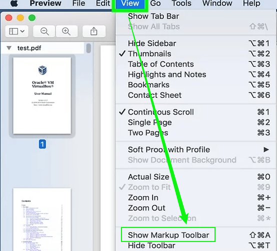 Click View and select Show Markup Toolbar in Preview