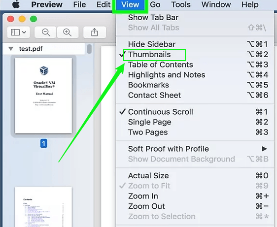 Click View and click Thumbnails in Preview