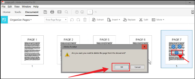 Click the delete icon over the target PDF page to delete it in Adobe Acrobat Pro