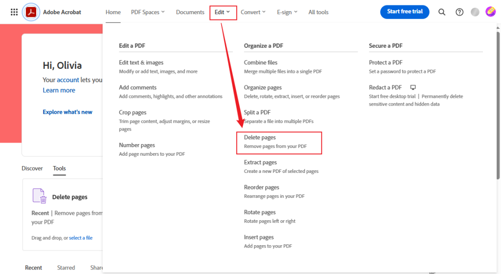 Click Edit and select the Delete pages option in Adobe Acrobat Online