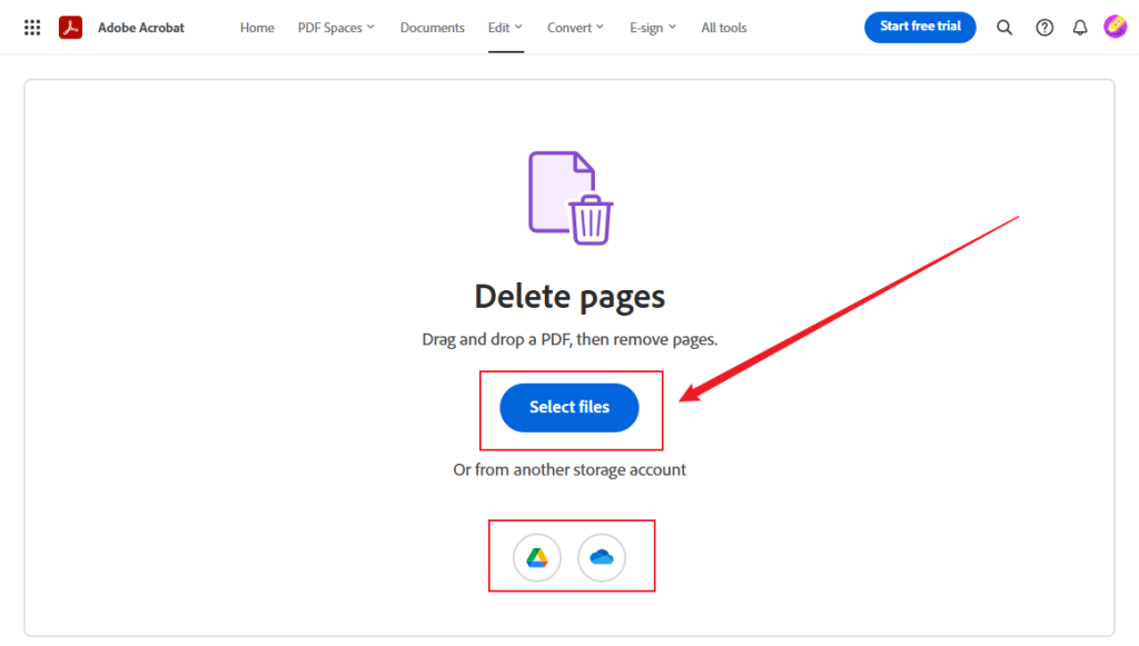 Click Select files to upload your PDF file into Adobe Acrobat Online