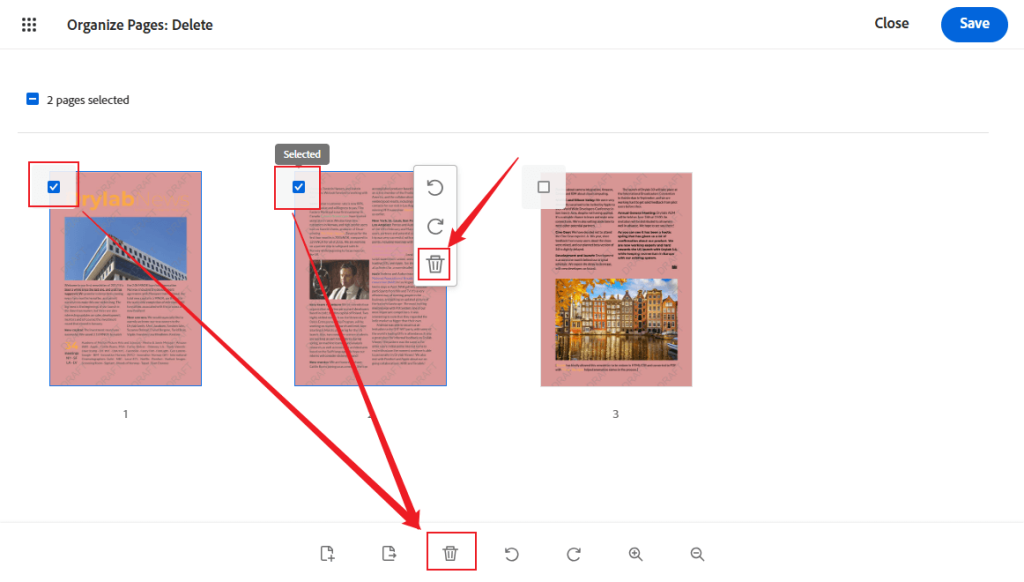 Select the PDF pages and click the Delete icon to delete them in Adobe Acrobat Online